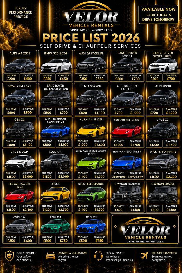 Velor Vehicle Rentals 2026 price list