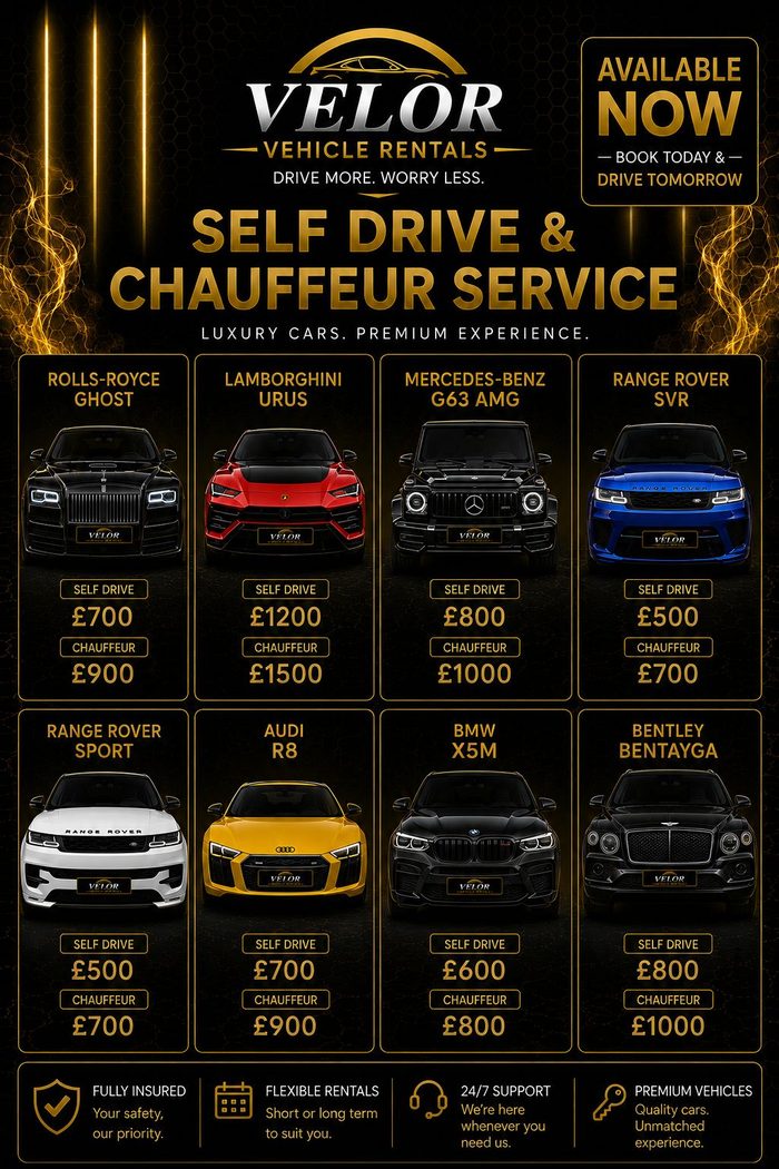 Velor self drive and chauffeur rates